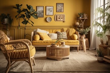 Yellow and beige vintage living room with rattan furniture, parquet floor, and wallpaper. Farmhouse decor,. Generative AI