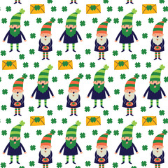 Saint Patrick's Day vector seamless pattern with gnome lerechaun. Irish background for print, textile, wrapping paper, fabric