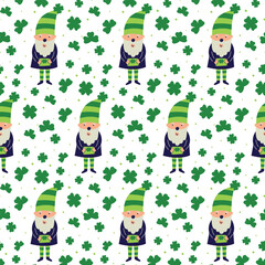 Saint Patrick's Day vector seamless pattern with green clover gnome leprechaun. Irish background for print, textile, wrapping paper, fabric