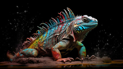 Fototapeta premium Colorful Iguana Covered in Vibrant Powder Splash on Dark Background. A Dazzling Display of Nature's Beauty. Generative AI