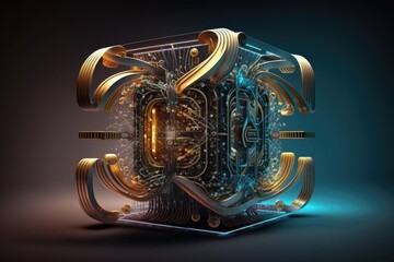Futuristic high-tech computer Network concept with artificial intelligence.Quantum computing chip
