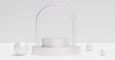 White pedestal podium and arch with decor spheres. Product advertisement exhibition. 3d rendering