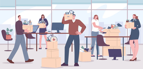 Office moving, workers move and packing things. Young business characters and managers carrying boxes. Team relocation kicky vector scene