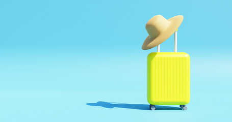 Obraz premium Travel time. Suitcase and hat on a blue background. 3d rendering.