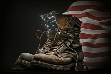 Old army combat boots stand against the background of the American flag. Memorial Day, remembering the fallen soldiers around the world. Generative AI - obrazy, fototapety, plakaty