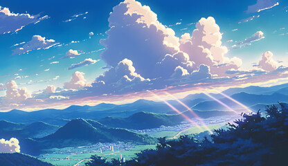 Obraz na płótnie Canvas sunrise over the mountains Japanese anime style 