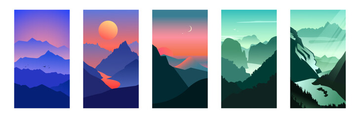 Vector set of abstract gradient background for stories, media, social sample. landscape with mountains and hills silhuete..