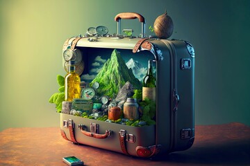 Hiking plastic travel suitcase with things and landscape of mountains, created with generative ai