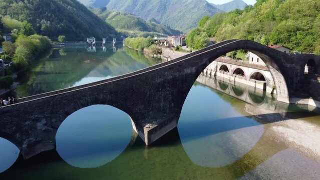 Aerial view with drone on the devil's bridge in a spring day. Borgo a Mozzano, Lucca, Tuscany, Devil's Bridge