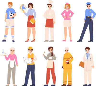 Various professions characters, doctor and construction, essential workers. Young adults in uniforms, different occupations. Cartoon snugly vector people