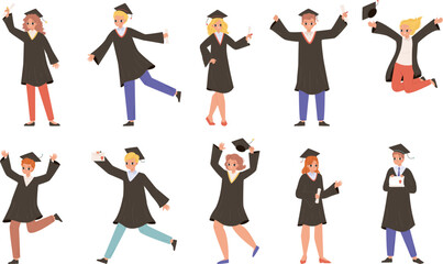 Graduating characters, beautiful students get diploma. Graduate teenagers, university, college or school graduated. Snugly young adults vector set