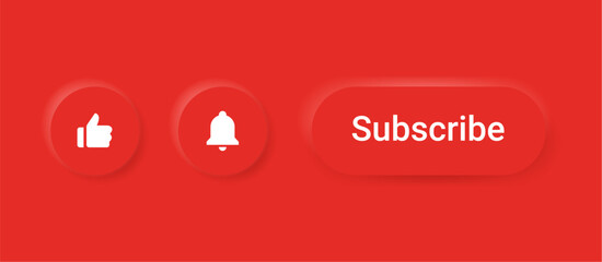 subscribe button with like icon, thumb up icon and notification bell icon. 3d vector buttons neumorphic ui ux design elements. square with dark, light shadows on red background for apps and website