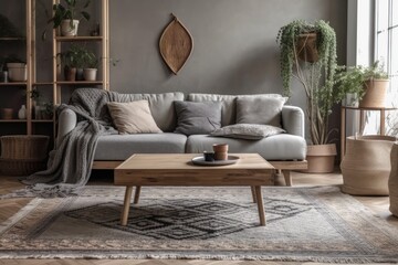 Gray couch, wooden coffee table, cube, cushions, flowers, cotton carpet, and stylish furnishings in living room. Interior design. Template. Gray. Generative AI