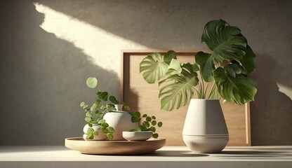 Modern white vase with green plant, wooden plate on stone counter table with space in sunlight, leaf shadow on beige stucco cement wall for interior design decoration