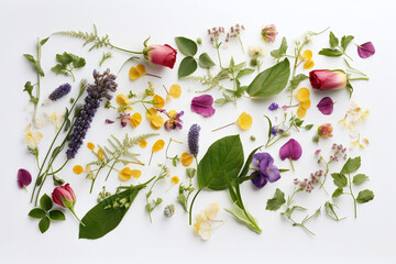 An Abundant Tabletop Garden of Wildflowers, Edible Flowers, Botanicals and Colorful Dried Flora.