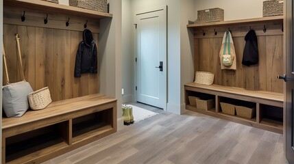 Rustic Chic Mudroom Oasis: A Spacious and Organized Entryway Solution
