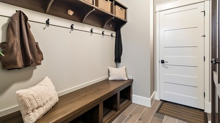 Rustic Chic Mudroom Oasis: A Spacious and Organized Entryway Solution
