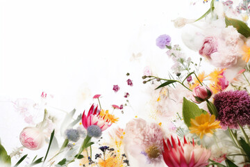 A Floral Explosion: A Dreamy, Colorful and Magical Surrounding of Blossoming Flowers, Herbs and Spraying Petals