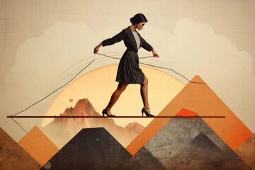 Concept of a business woman balancing on a tightrope. Generative ai