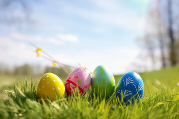 A Group of Easter Eggs Sitting on a Lush Green Field on a Sunny Day