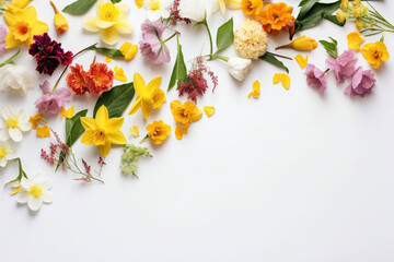 Bed of Flowers and Blossoms on a White Surface - A Beautiful Composition of Colorful Flowers, Plants, Stems, and Lilies.