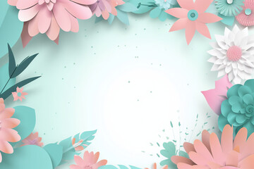 A Frame Made Out of Paper Flowers and Leaves Against a Pastel Flowery Background with Turquoise, Pink, and Green Colored Flowers.