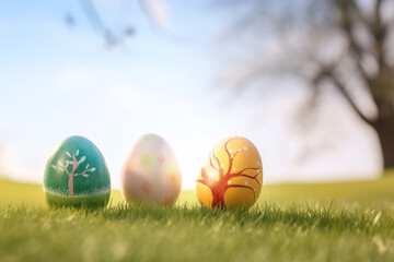 Easter Scene of Eggs Springtime Joy in a Lush Green Field on a Sunny Day