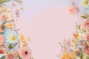 Bunch of Flowers on a Dreamy, Pastel Flowery Background with Soft Colors and Minimal Botanical Frame.