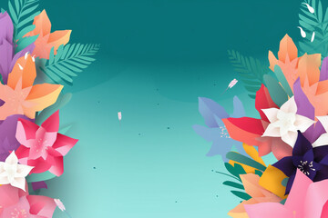 Colorful Flowers and Leaves on a Blue Background: A Flat and Vibrant & Colorful Floral Environment