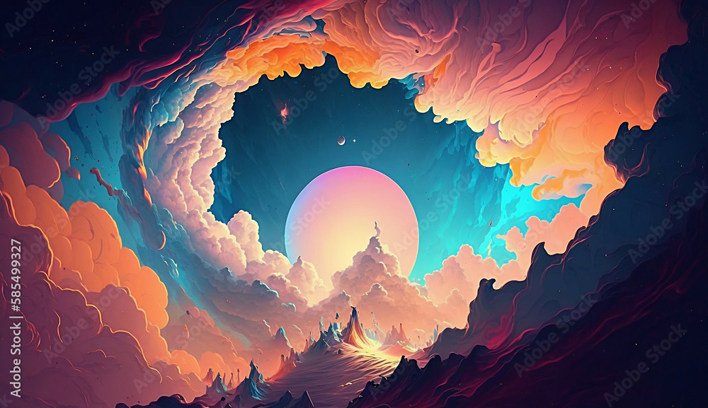 Wall mural alien planet and space abstract background with circles retro neon psychedelic background new qualit