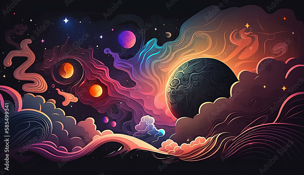 Wall mural alien planet and space abstract background with circles retro neon psychedelic background new qualit