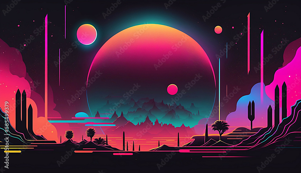 Wall mural alien planet and space abstract background with circles retro neon psychedelic background new qualit