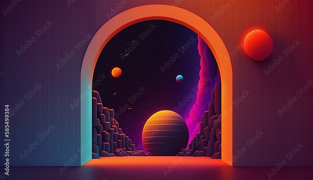 Wall mural alien planet and space abstract background with circles retro neon psychedelic background new qualit