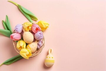 A Basket of Easter Eggs and Tulips in Colorful Pastel Shades on a Pink Background - A Springtime Mix of Aesthetically Pleasing Elements