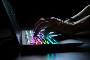 A Moment of Technological Creativity: Capturing a Person Typing on an RGB Keyboard in Front of Glowing Computer Screens While Sitting at a Desk with a Neon LED Gamers Keyboard.