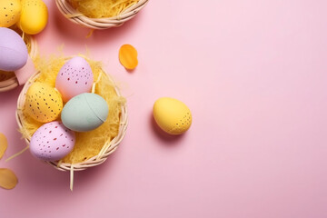 A Vibrant Pastel Easter Scene: A Basket Filled with Easter Eggs on a Pink Surface.