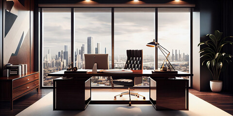 Boss office, CEO. Corporate manager work place with huge office windows.