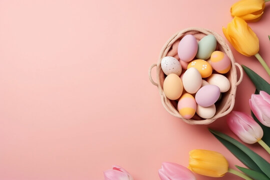 The Beauty of Easter: A Basket of Eggs and Tulips in a Vibrant Blend of Pastel Colors on a Pink Background