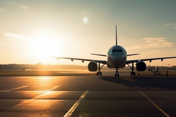 airplane at the runway during sunset, generative ai