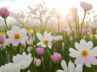 Spring field full of flowers with sunny atmosphere by generative AI