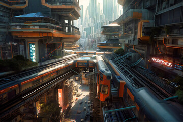 Fototapeta na wymiar Hovering above a bustling metropolis, the sci-fi station seamlessly integrates human ingenuity with robotic prowess, revolutionizing monorail transport for a thriving future