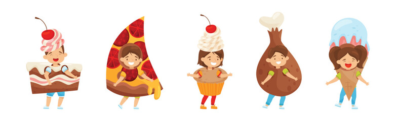 Cheerful Kids Wearing Fast Food Costumes Vector Set