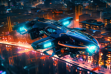 Gliding effortlessly above a city of tomorrow, the flying car soars through neon-lit skies, revolutionizing urban transportation and redefining freedom