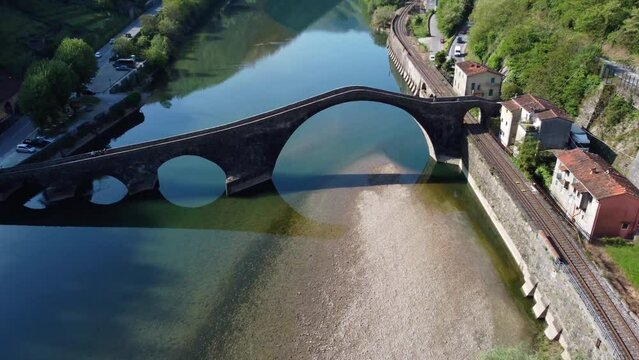 Aerial view with drone on the devil's bridge in a spring day. Borgo a Mozzano, Lucca, Tuscany, Devil's Bridge