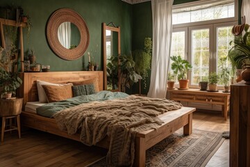 A full length wooden framed mirror on a wooden bed with cushions and a duvet in a warm boho style bedroom with green walls and potted plants. Nobody. Generative AI