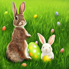 Bunny rabbits in green grass with colorful painted Easter eggs. 