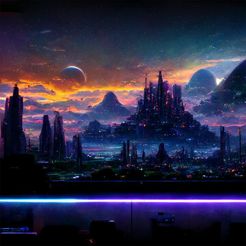 Landschaft im Technologie und Fantasy Stil 1, Mystische Landschaft Zukunftstechnologie Planeten Sterne