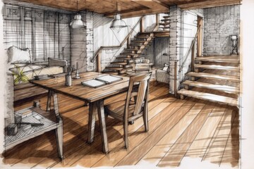 Obraz na płótnie Canvas Architect interior designer concept hand drawn draft unfinished idea becomes true, bohemian dining table close up, boho living room with couch in country mezzanine,. Generative AI