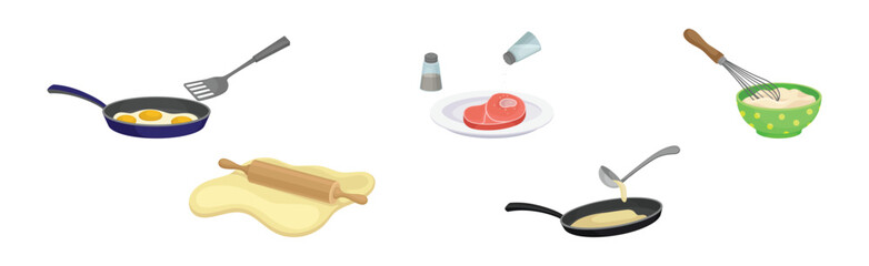 Cooking and Food Preparation Process with Kitchen Utensils and Ingredient Vector Set