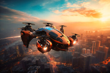 The flying car hovers majestically over the ultramodern city, its advanced propulsion systems and sophisticated design ushering in a new era of urban travel
